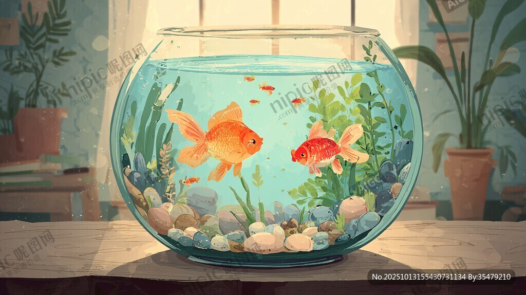 玻璃魚缸中的金魚美景