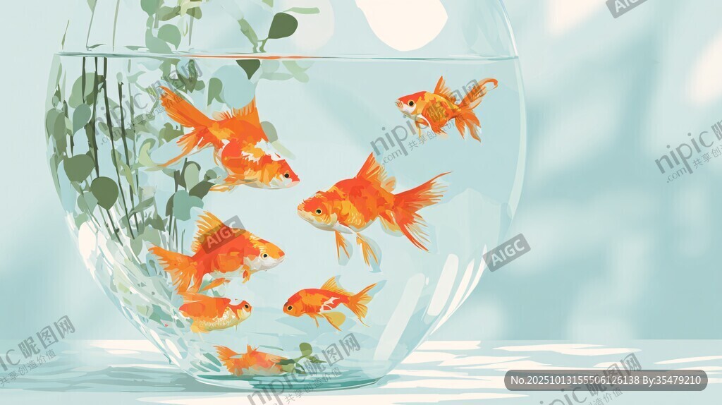玻璃缸里暢游的鮮艷金魚