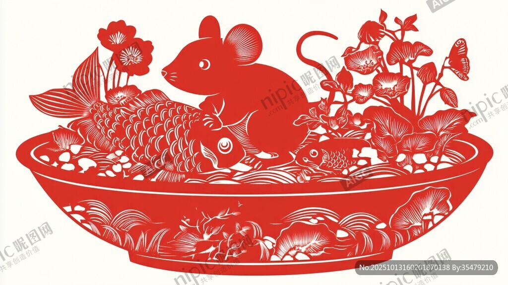 鼠年剪紙 魚鼠共賀吉祥景