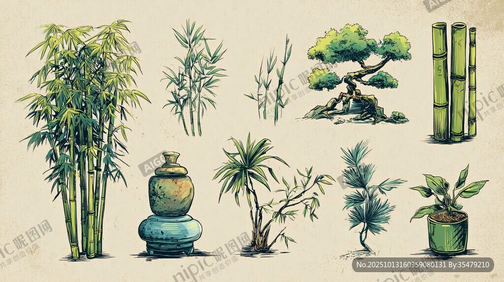 中式綠植盆栽手繪集合