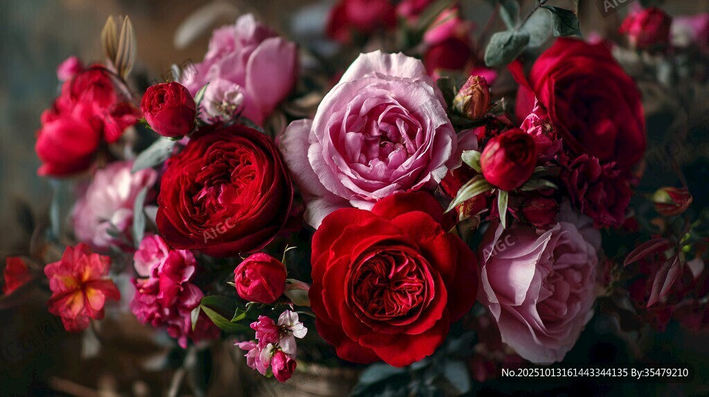 多彩玫瑰綻放的浪漫花束