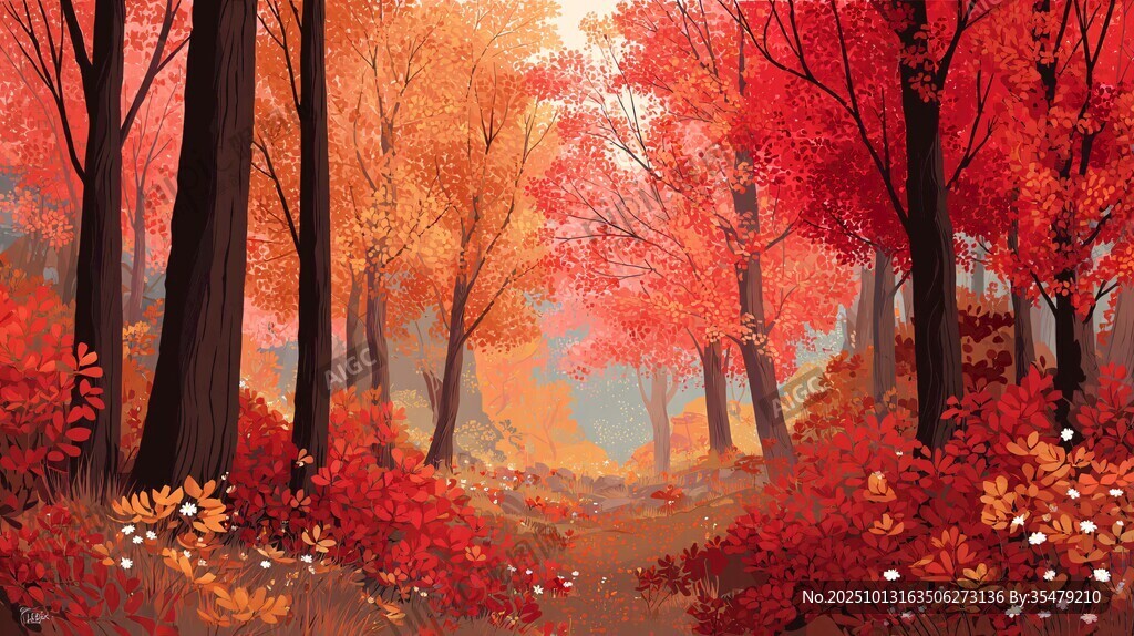 秋日紅葉森林夢幻景致