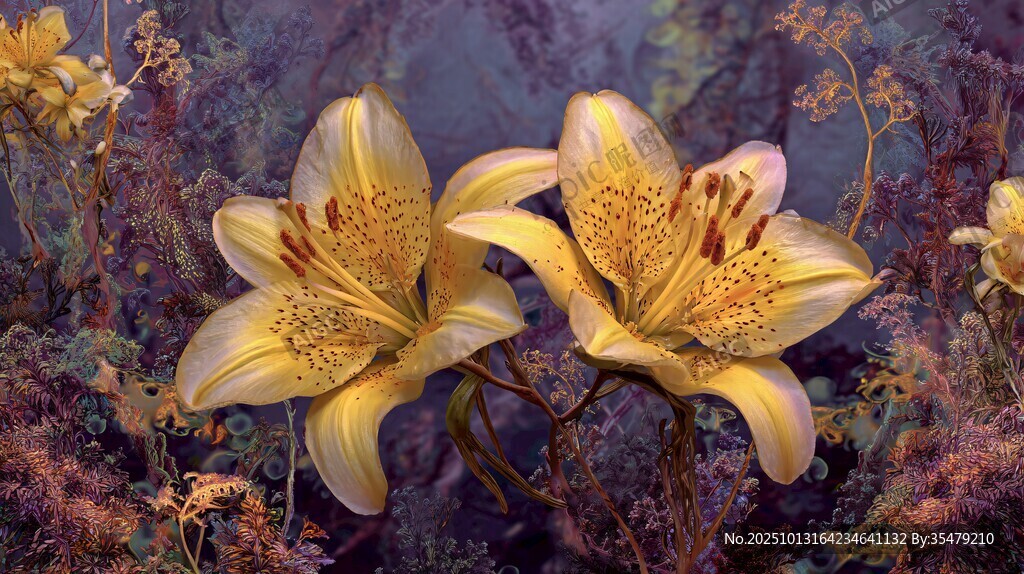 金黃百合花綻放于花叢中