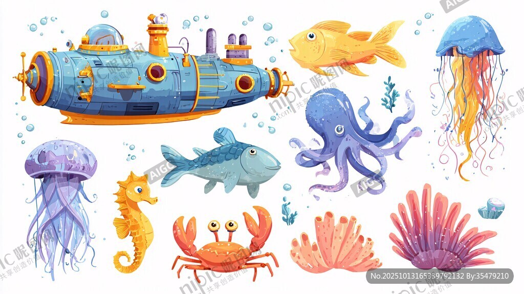海底生物與潛水艇插畫素材