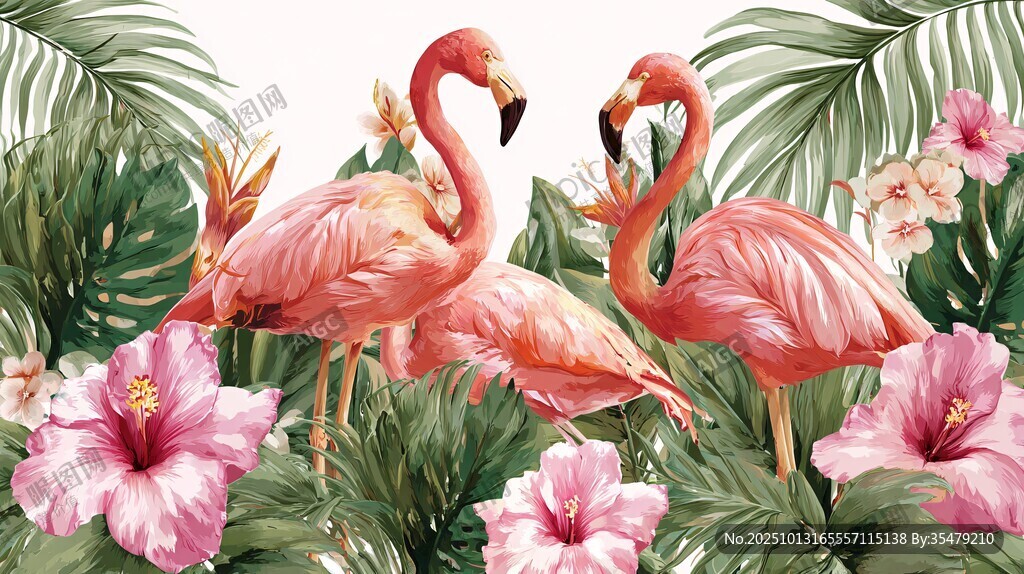 火烈鳥與熱帶花卉美景