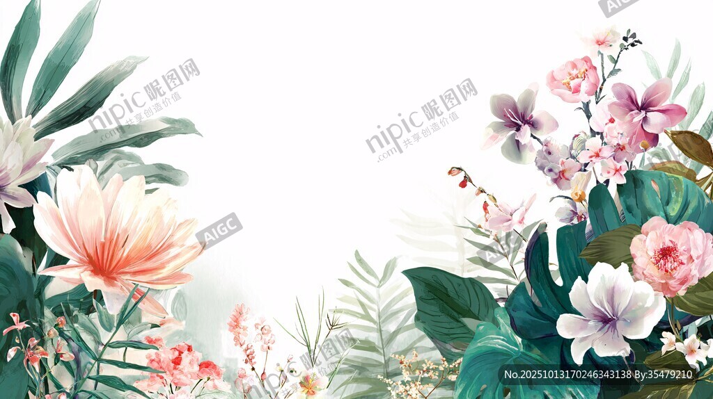 夢幻花卉綠植邊框背景圖
