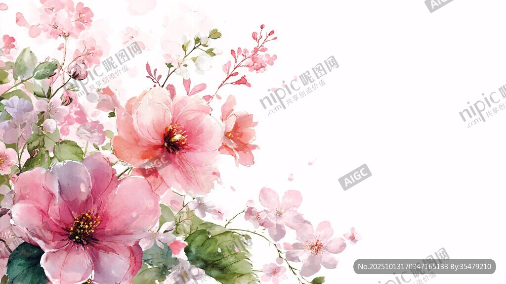 春日爛漫花卉水彩插畫