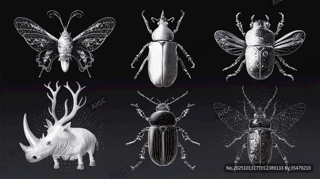 復(fù)古風(fēng)昆蟲與犀牛插畫