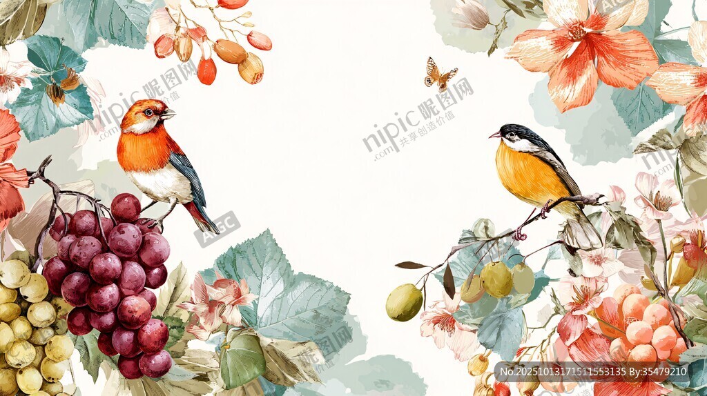 花鳥葡萄圖 自然清新風(fēng)