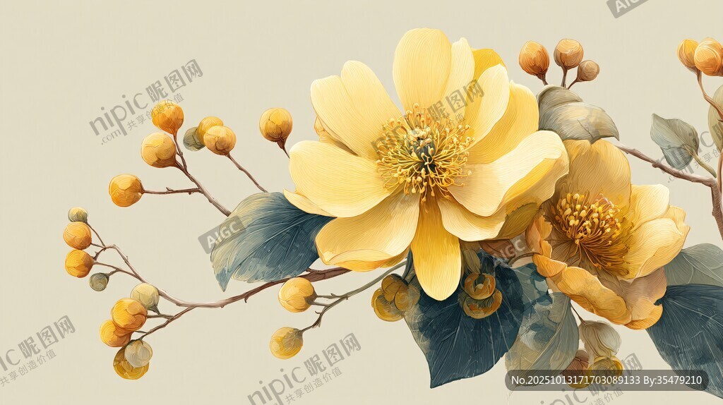 黃色花卉枝葉精美插畫