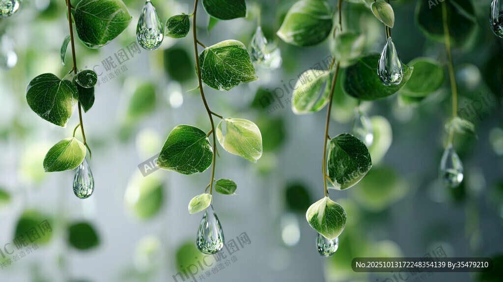 綠葉垂掛晶瑩水珠