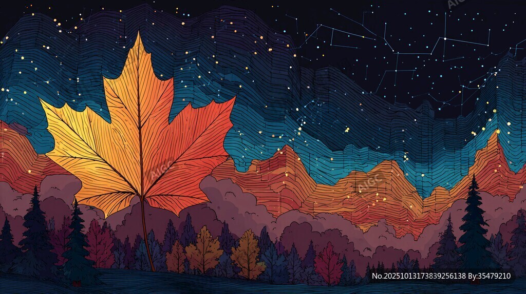 秋夜楓葉下的夢(mèng)幻山巒