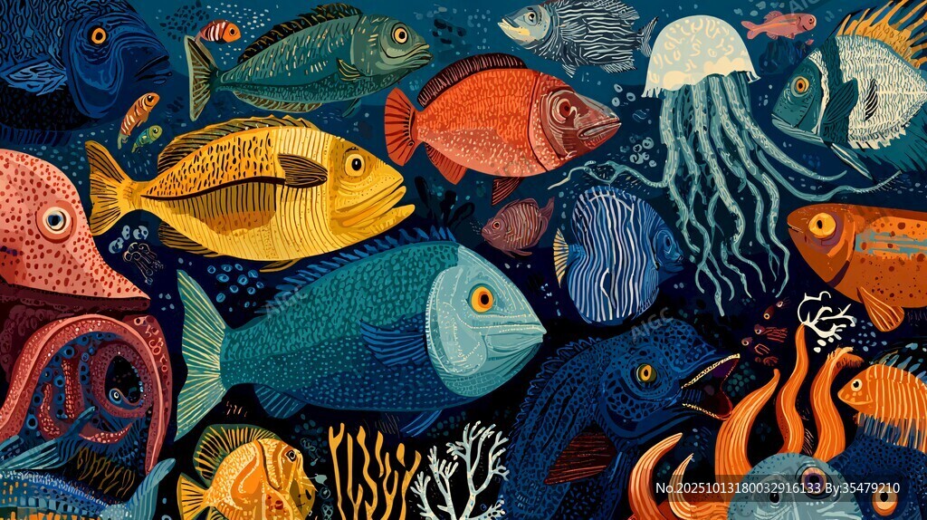 繽紛海底世界魚(yú)類插畫