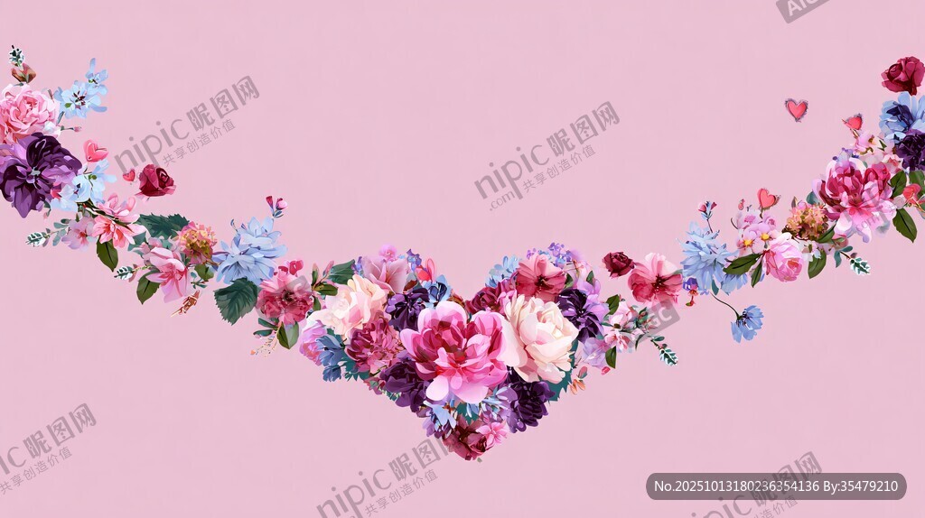 粉色花卉心形花環(huán)裝飾