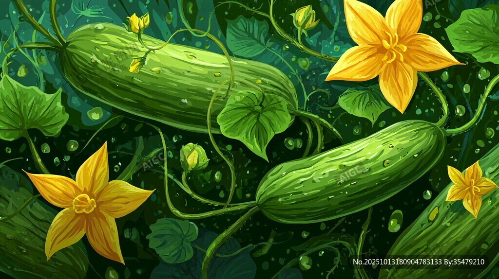 翠綠藤蔓上的黃瓜與黃花