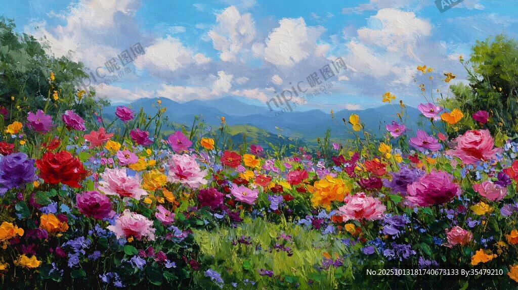 繽紛花海與遠(yuǎn)山藍(lán)天美景