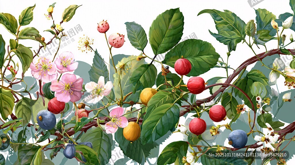 繁花碩果的繽紛植物枝椏