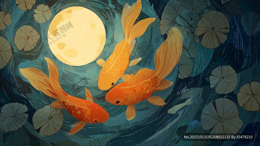 月夜池中游弋的靈動(dòng)金魚