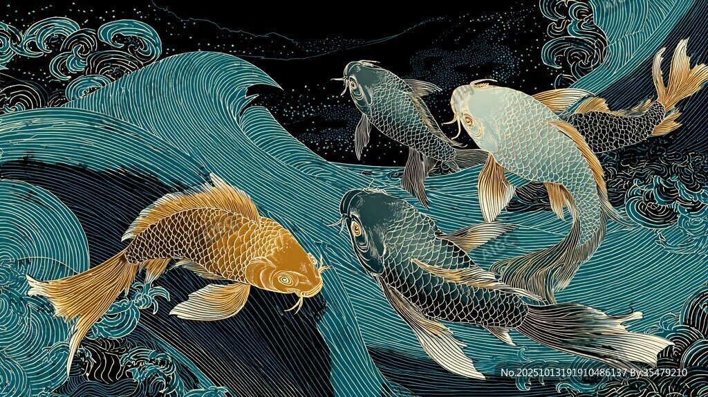 錦鯉游于海浪間的圖景