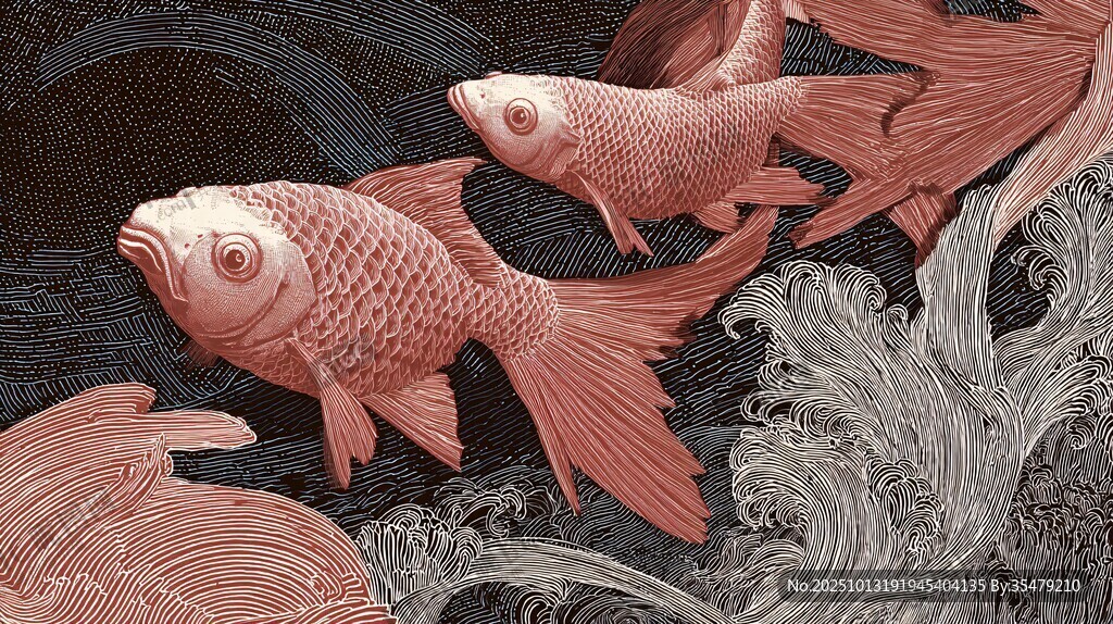 金魚(yú)游弋于水墨浪花間