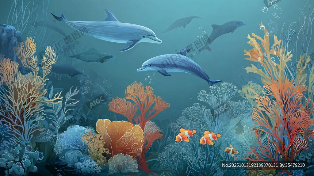 夢幻海底的海豚與多彩生物