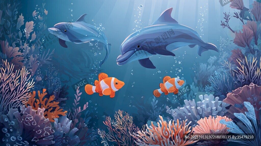 夢幻海底世界的海豚與小丑魚