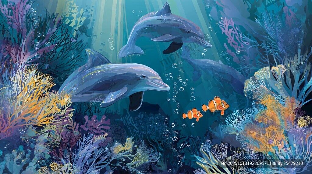 夢幻海底世界的海豚與魚群