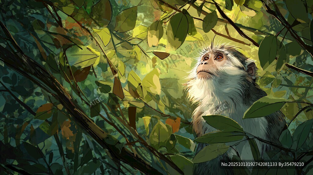 叢林中的猴子仰視光影