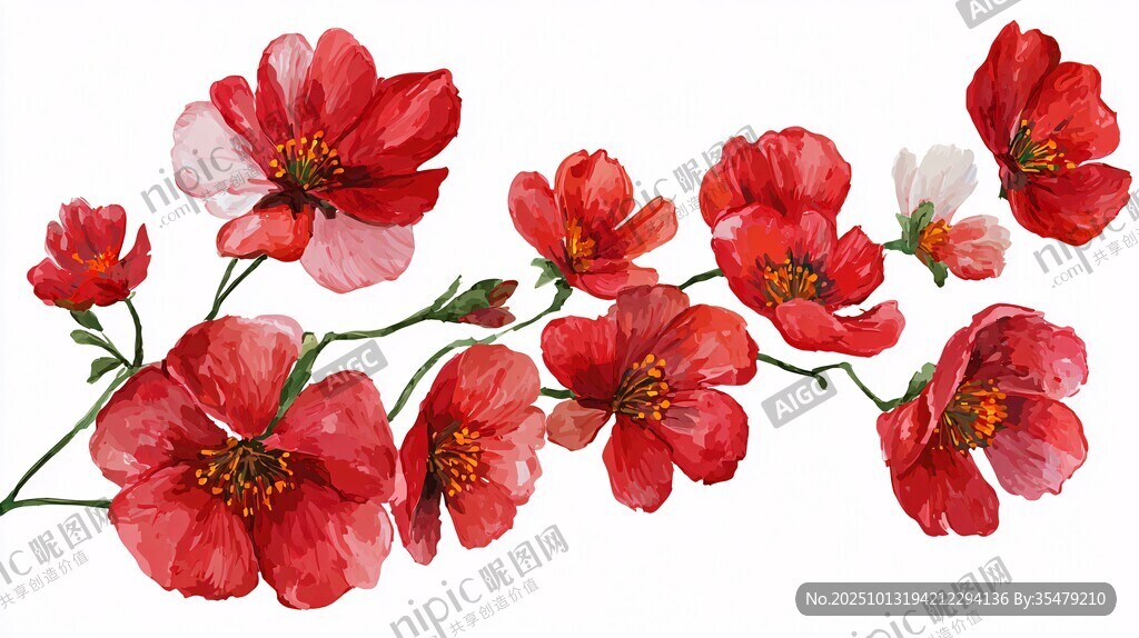 紅色水彩花卉精美插畫