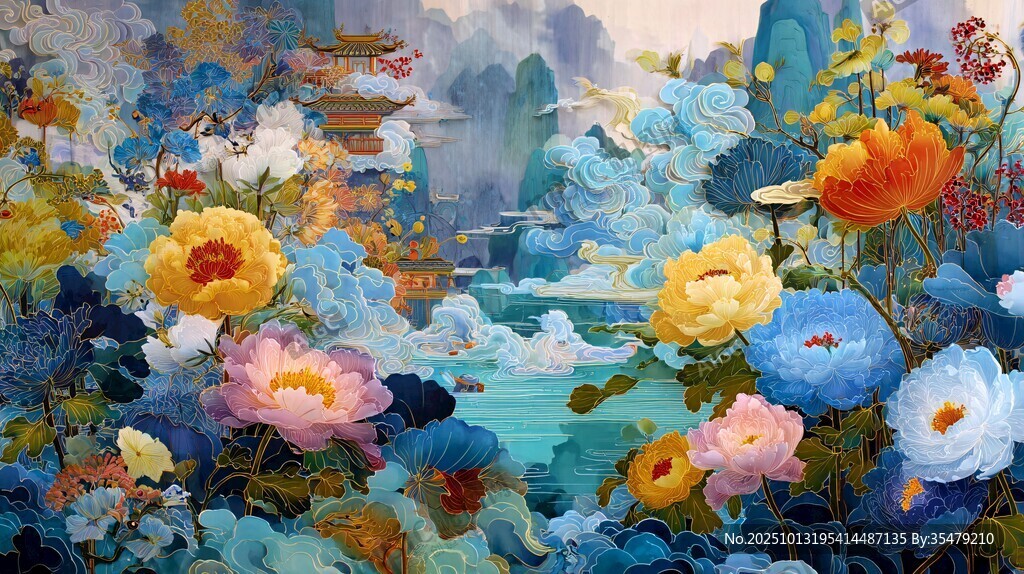夢(mèng)幻中式花卉山水景觀