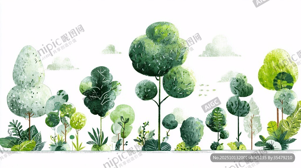 清新手繪風(fēng)綠色樹木景觀