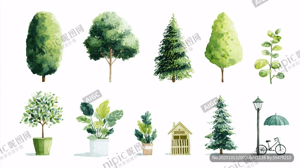 水彩風(fēng)多樣綠植景觀集合
