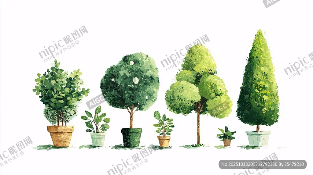 一排可愛盆栽綠植插畫