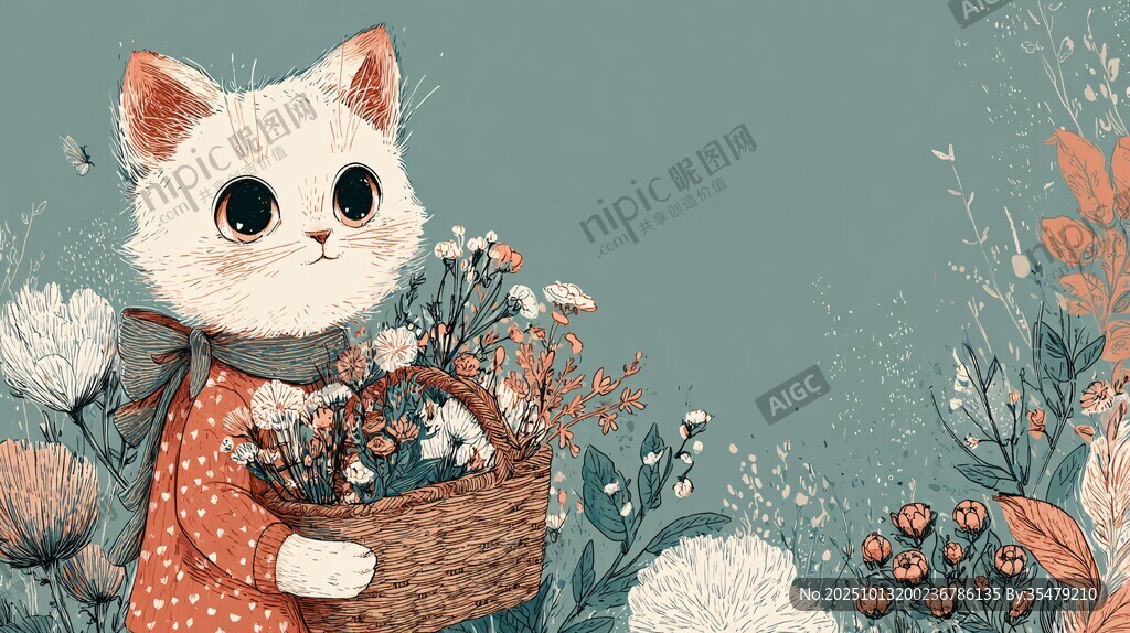 抱著花籃的可愛(ài)貓咪