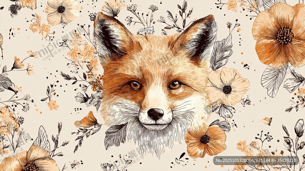 狐貍花卉圖案插畫
