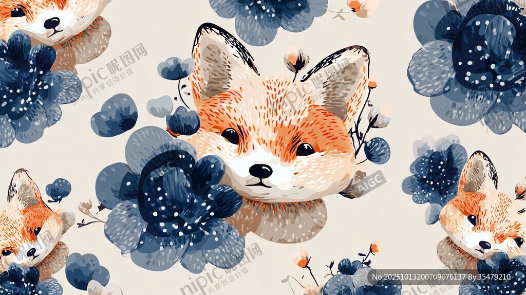 狐貍花卉圖案的唯美插畫