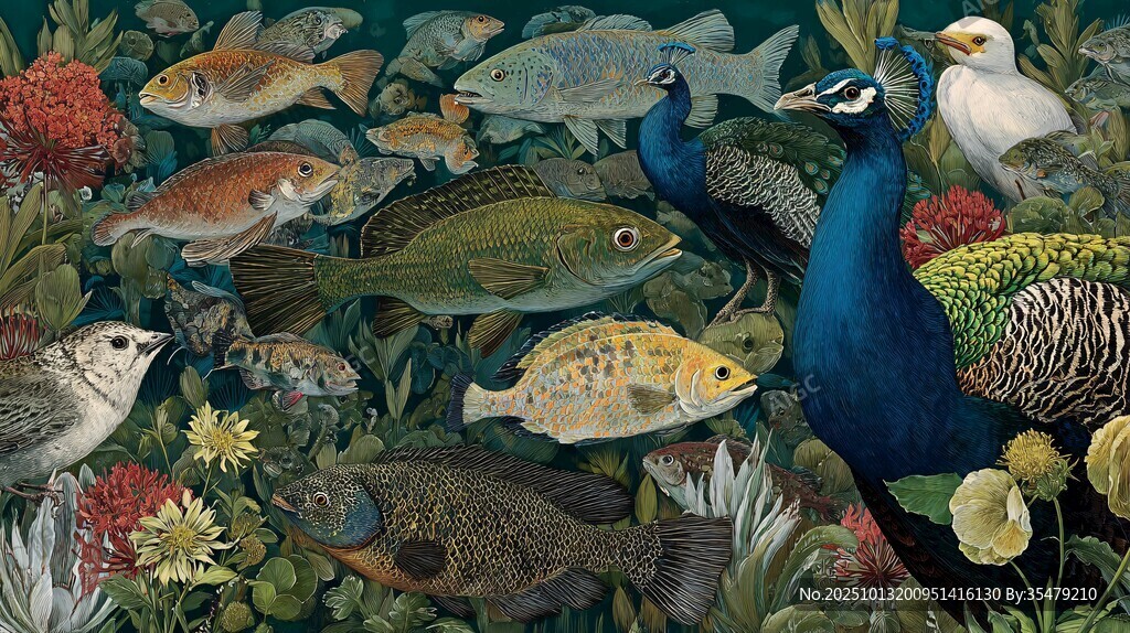 孔雀與魚的奇幻自然圖景