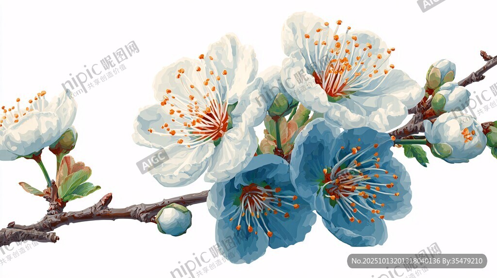 藍(lán)白花朵綻放枝頭