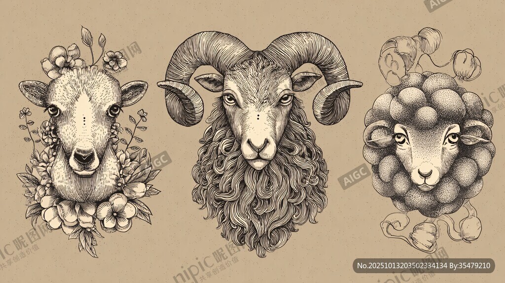 三只風(fēng)格獨(dú)特的羊頭插畫