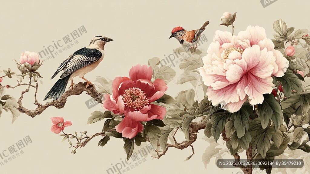 花鳥相依 牡丹枝頭美景