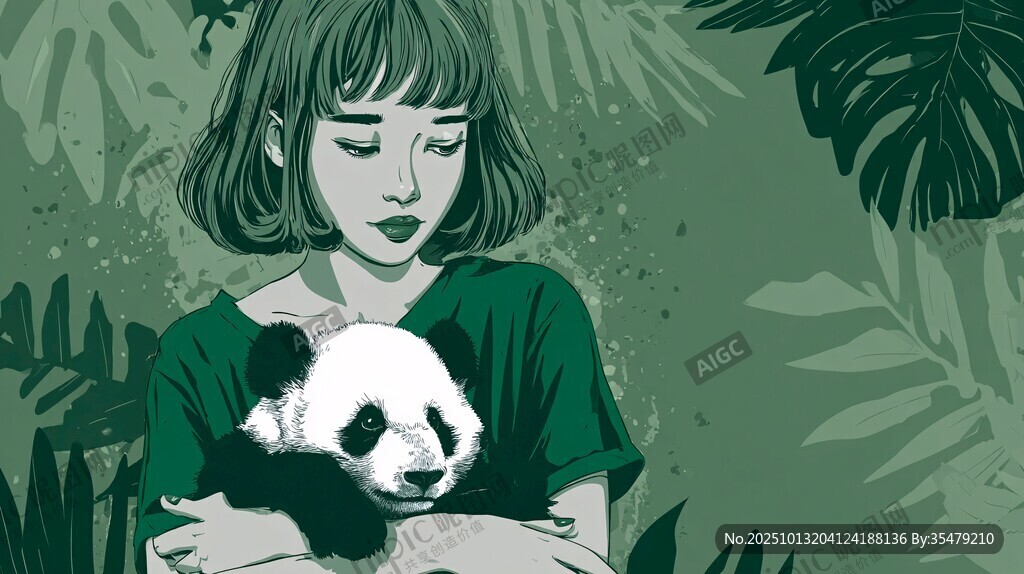 女孩抱熊貓置身綠植間