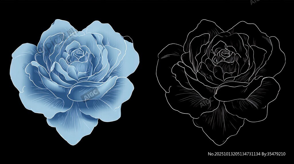 藍(lán)色玫瑰與線條輪廓圖