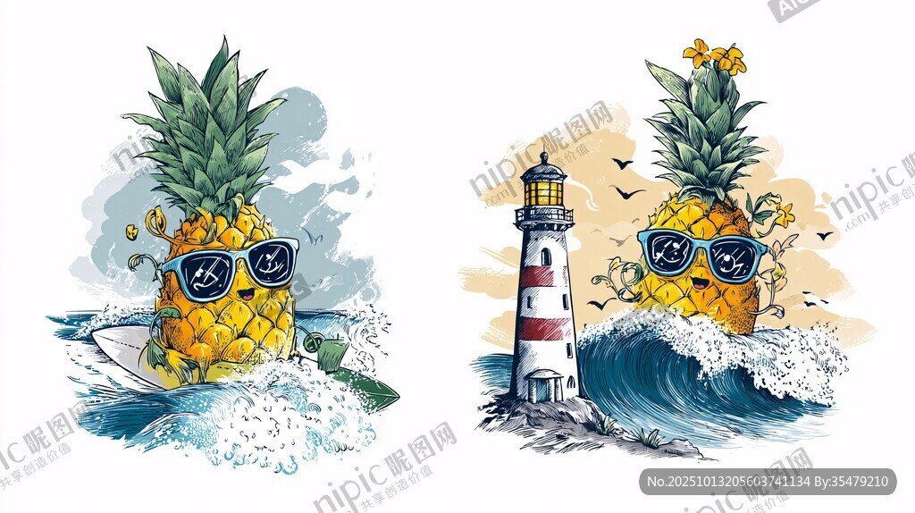 戴墨鏡菠蘿的海洋主題插畫