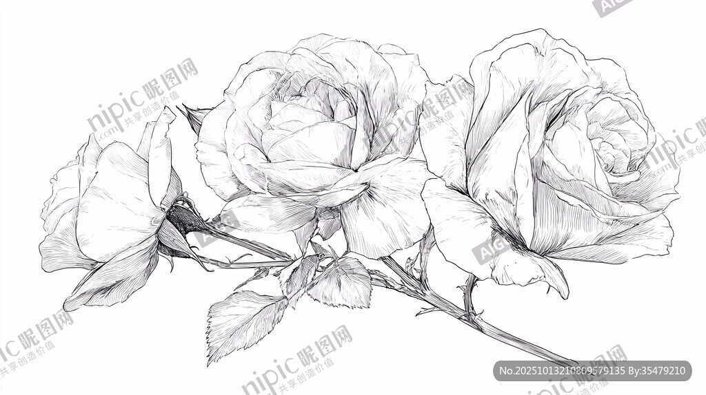 素描玫瑰花枝特寫