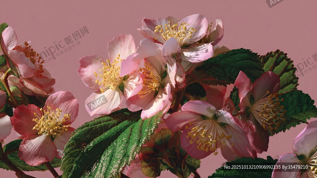 粉色嬌艷花朵與綠葉相依