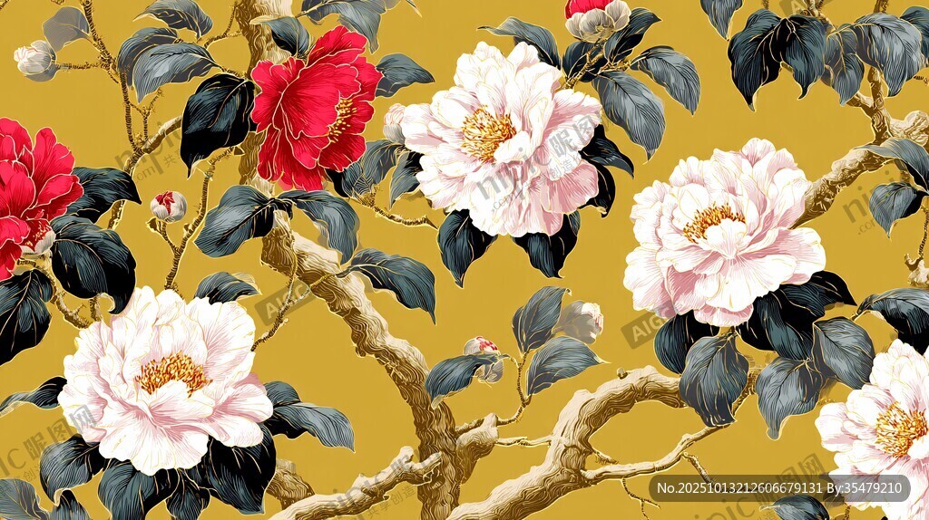 金黃背景上的艷麗花卉圖案
