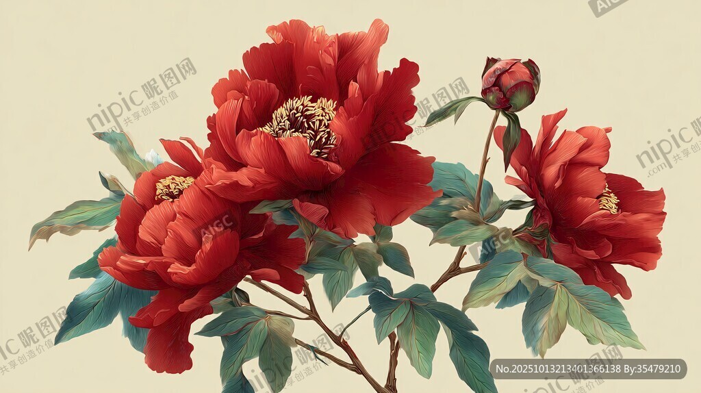 艷麗紅牡丹綻放枝頭