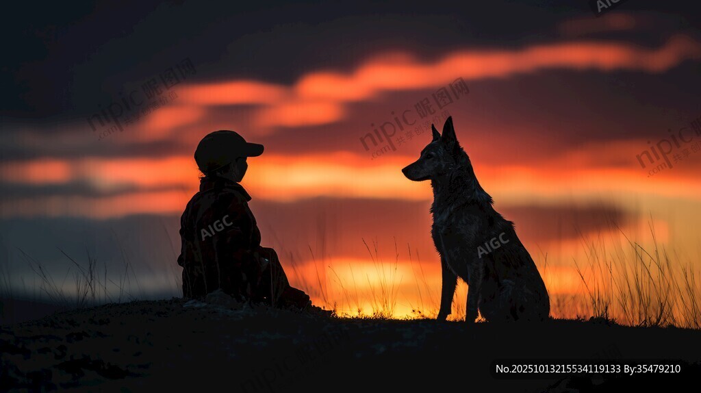 夕陽下人與犬的溫馨剪影
