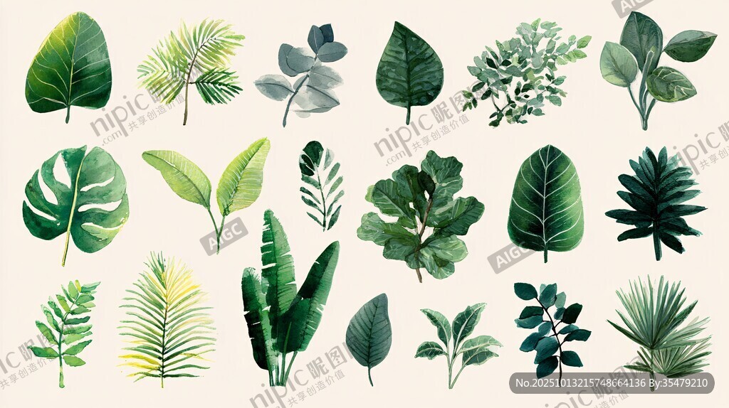 多樣清新綠植葉片集合