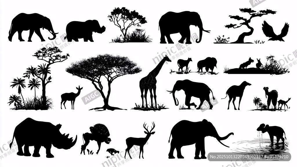 非洲野生動物剪影集合